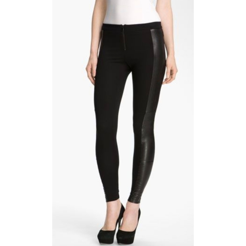 Black BEBE Leggings w/ Real Leather Trim 2 Stretchy, Skinny Leg XS, S Butt Lift